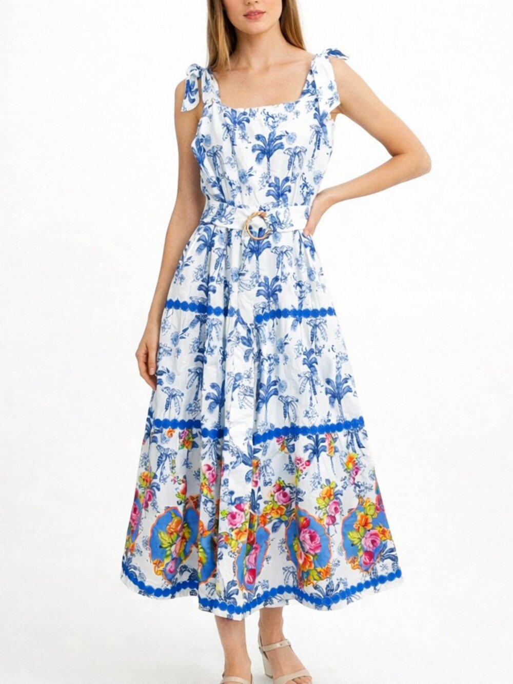 EMILY LOVELOCK BLUE TOILE/ WHITE BELTED MIDI DRESS SIZE MEDIUM